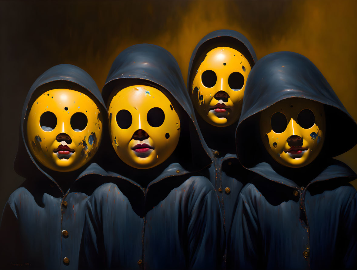 Four figures in dark cloaks and eerie yellow masks on smoky golden backdrop