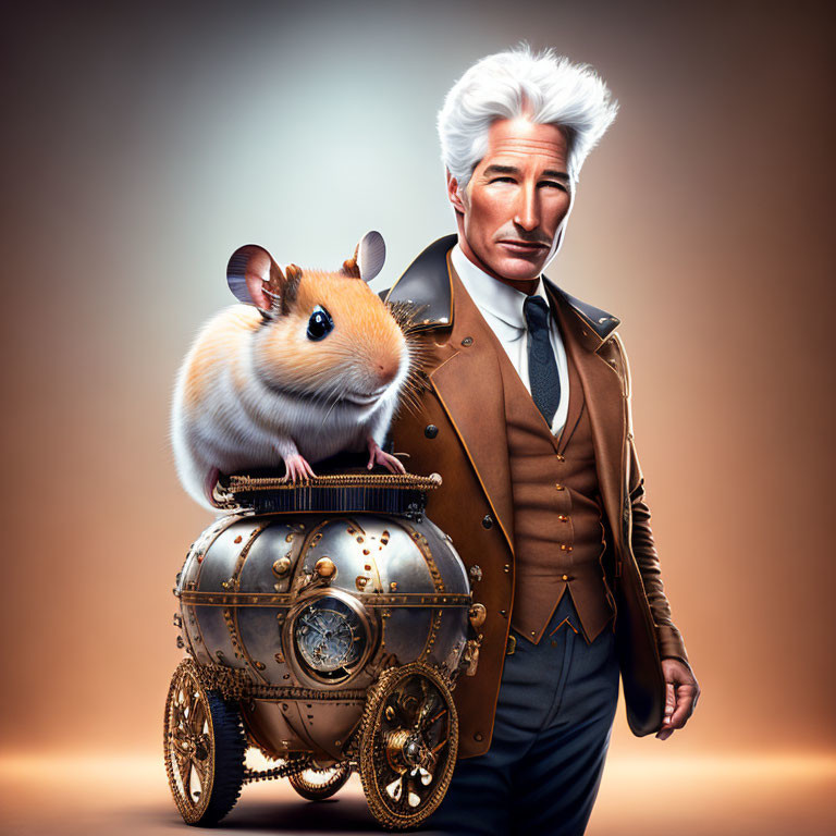 Hamster on steampunk device with white-haired person in jacket