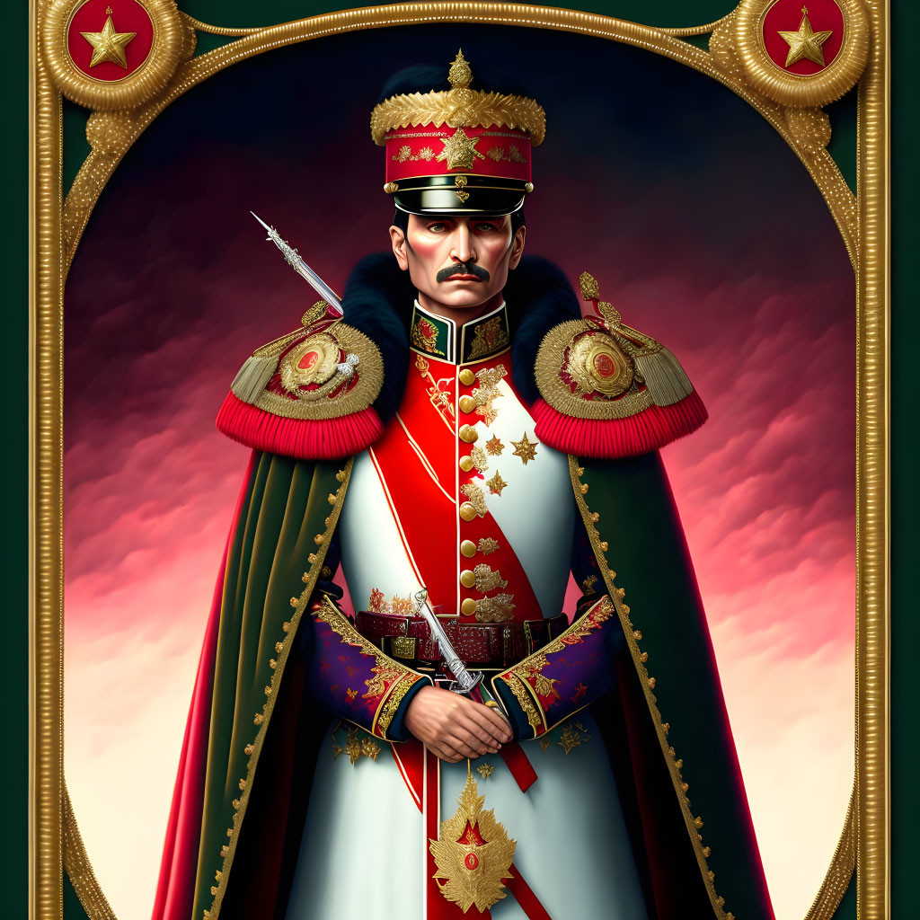 Regal Figure in Military Uniform with Sword and Medals on Dramatic Sky Background