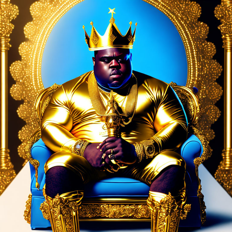 Digital artwork of a king with crown and golden regalia on ornate throne