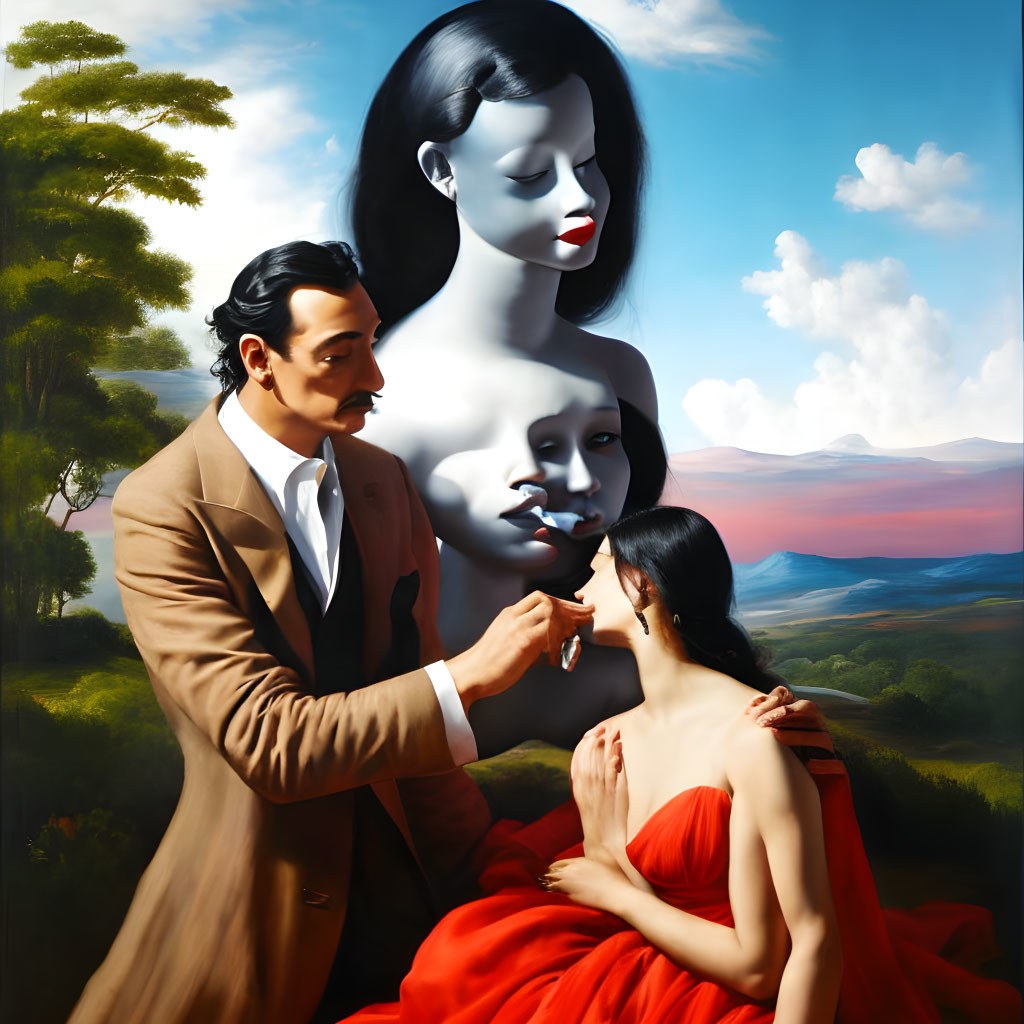 Surreal painting of man painting woman's face with vivid landscape backdrop