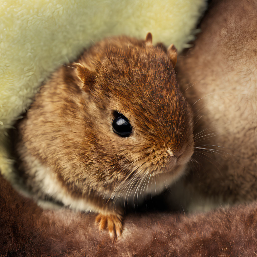 Brown gerbil in cozy blankets with bright eyes