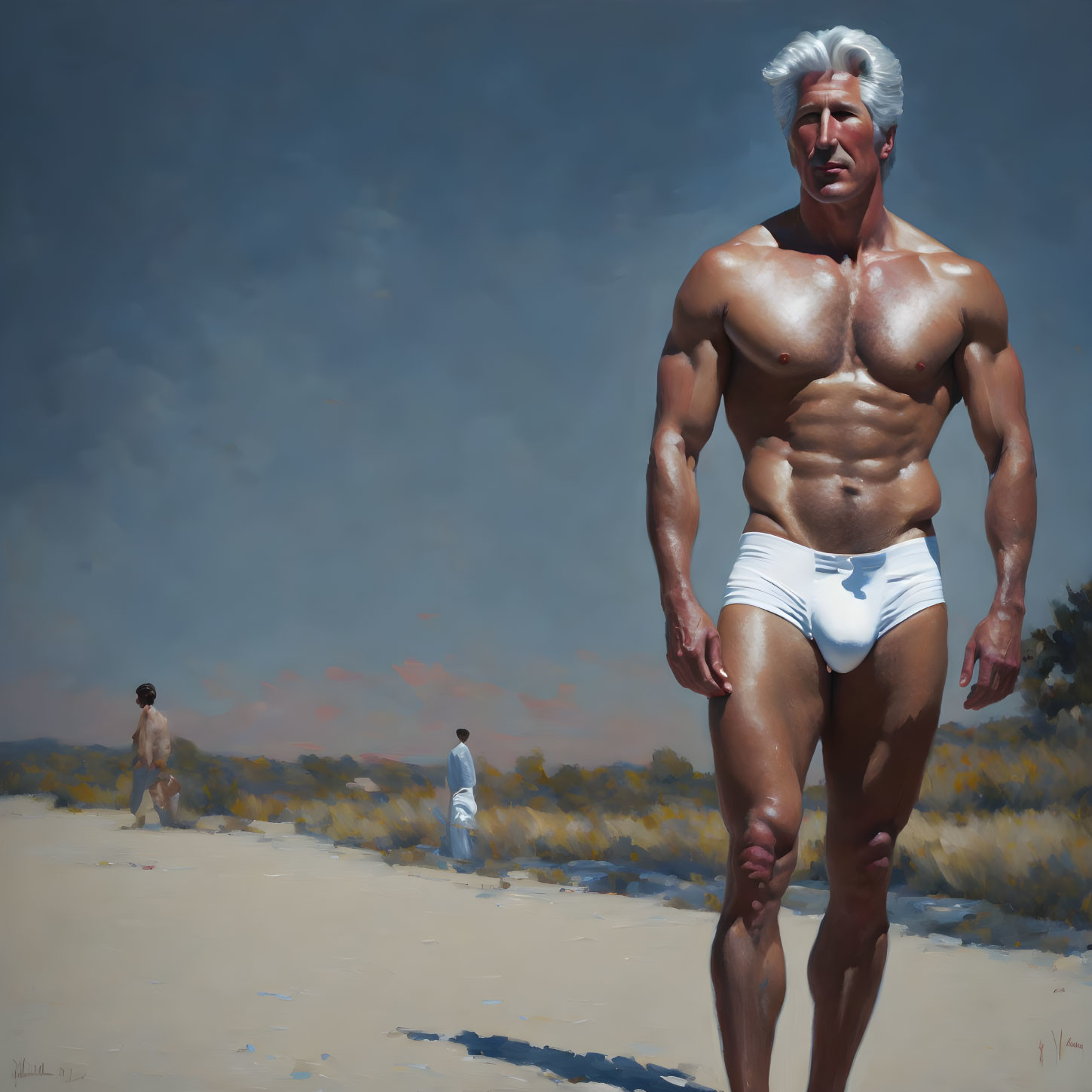 Hyperrealistic Painting of Older Man in White Briefs on Beach