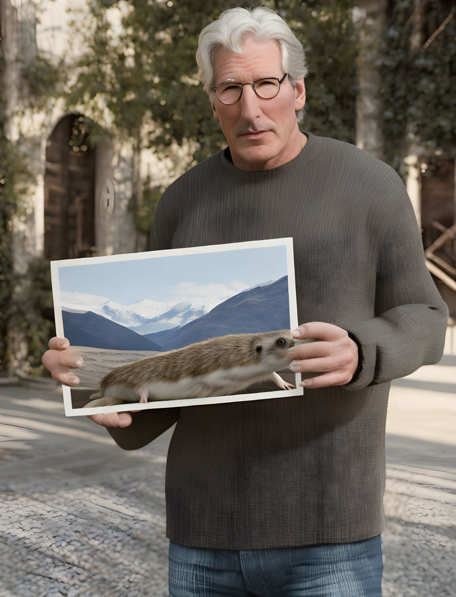 Gray-Haired Man Holding Mountain Landscape Photo with Animal