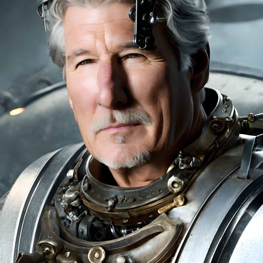 Elderly man in futuristic helmet with metallic armor gazes sideways