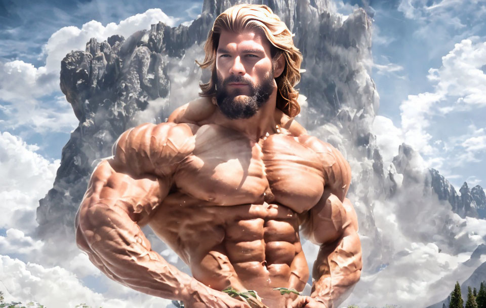 Blonde Bodybuilder in Mountain Landscape