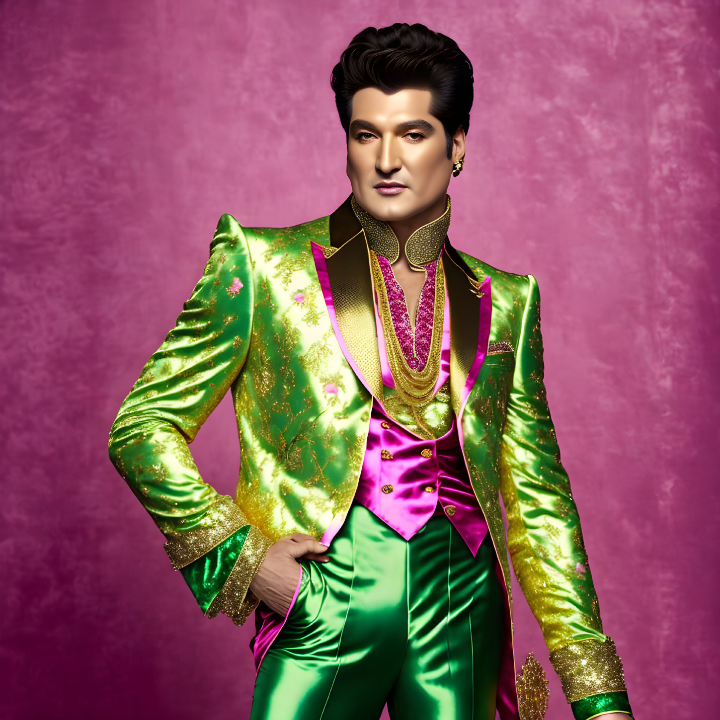 Shiny green and gold suit person on purple background