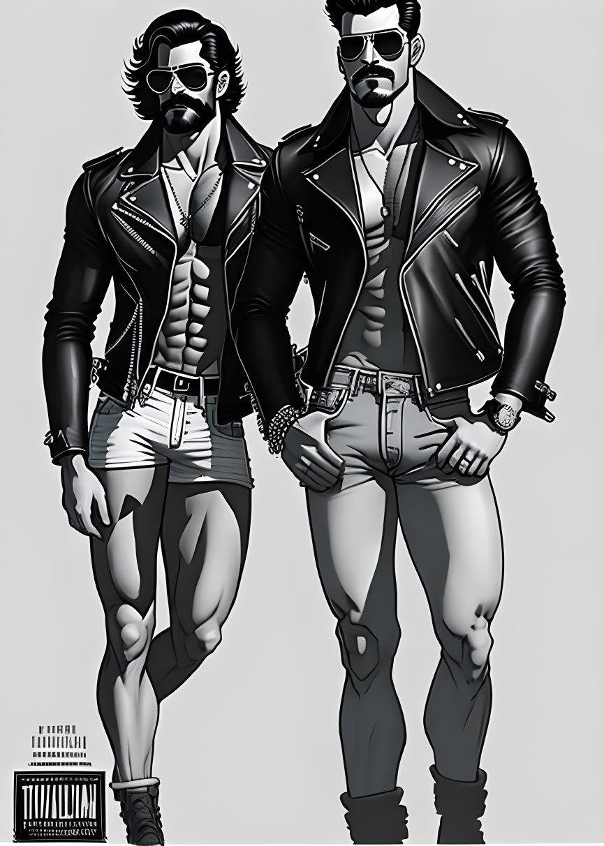 Stylized male figures in leather jackets and sunglasses standing together