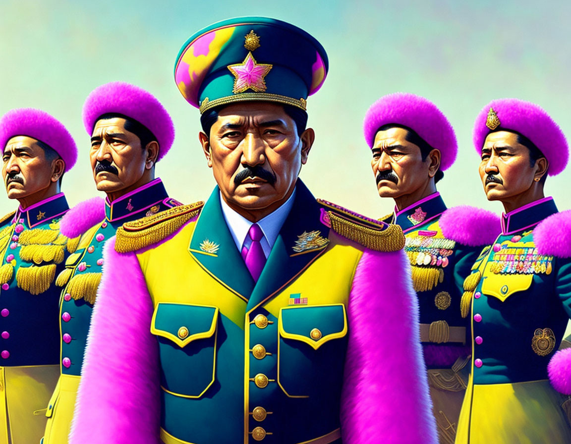 Five stern military officers in colorful uniforms with medals and pink epaulettes.