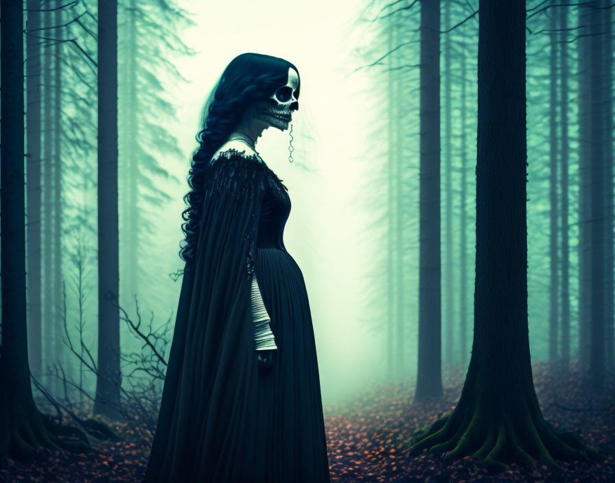 Victorian-style dressed figure with skull face in foggy forest