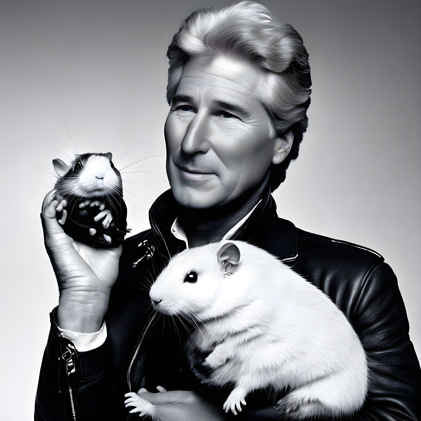 Man in leather jacket holding guinea pig with white rodent on gray background