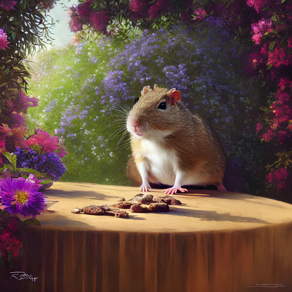 Chubby Mouse on Tree Stump with Purple Flowers and Cookies