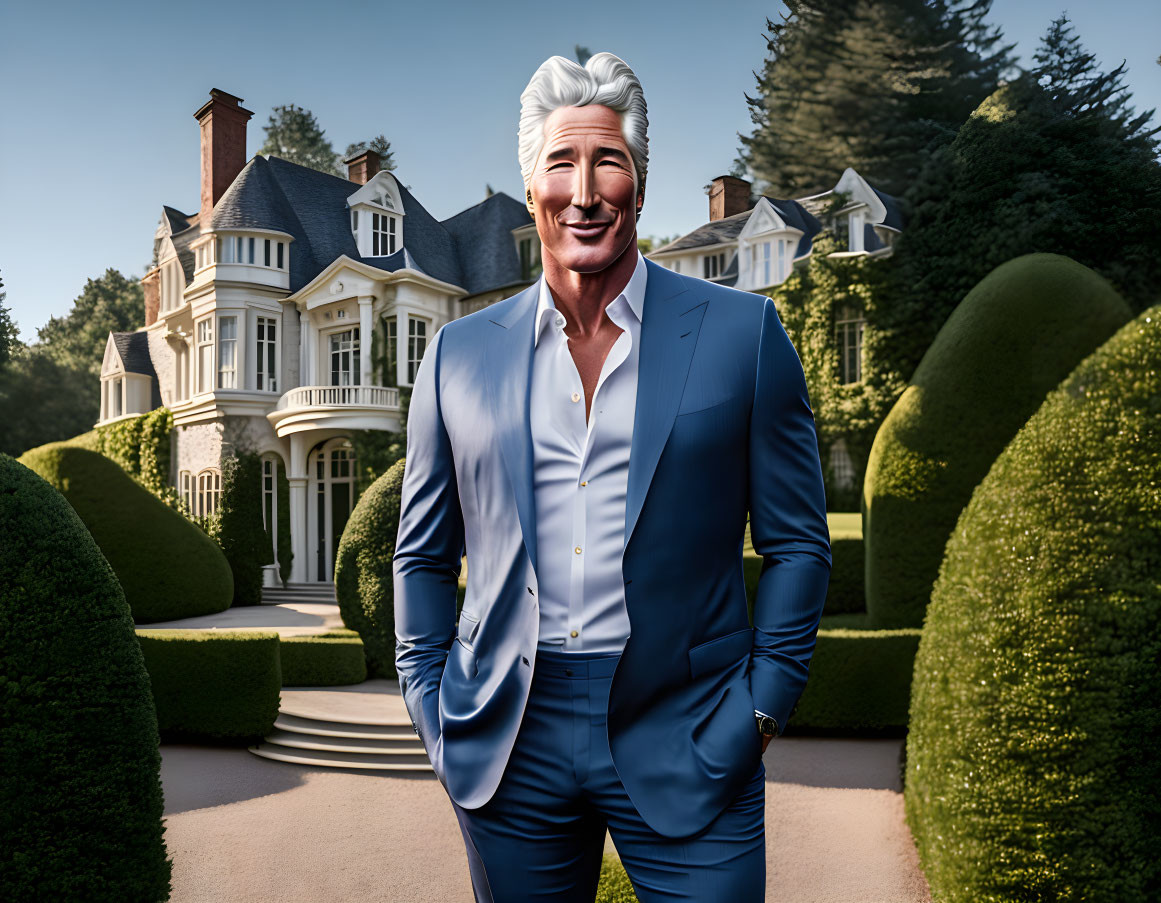 Smiling man in blue suit at luxurious mansion portrait