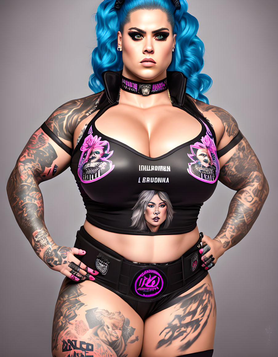 Stylized portrait of woman with blue hair, tattoos, black outfit, pink accents, and text