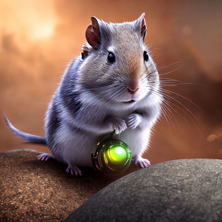 Digital artwork: Gerbil with futuristic green lantern on rock in warm, blurry setting