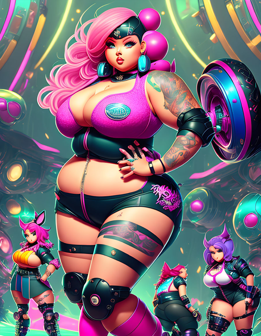 Futuristic digital artwork: Plus-size woman roller-skating with tattoos, pink hair, and neon