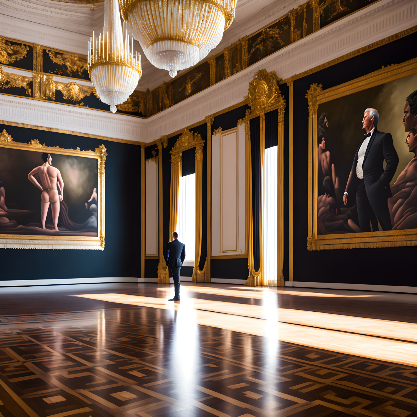 Ornate gallery with large paintings and golden trim