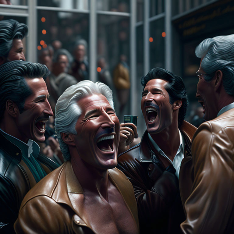 Four men laughing in upscale social setting with onlookers.