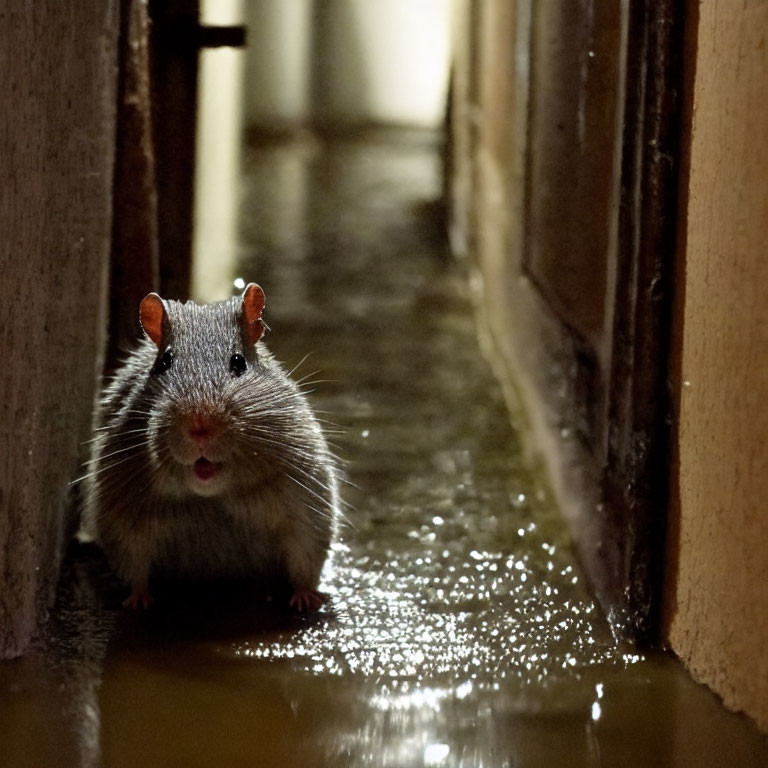 Curious rat in dimly lit corridor with reflective water