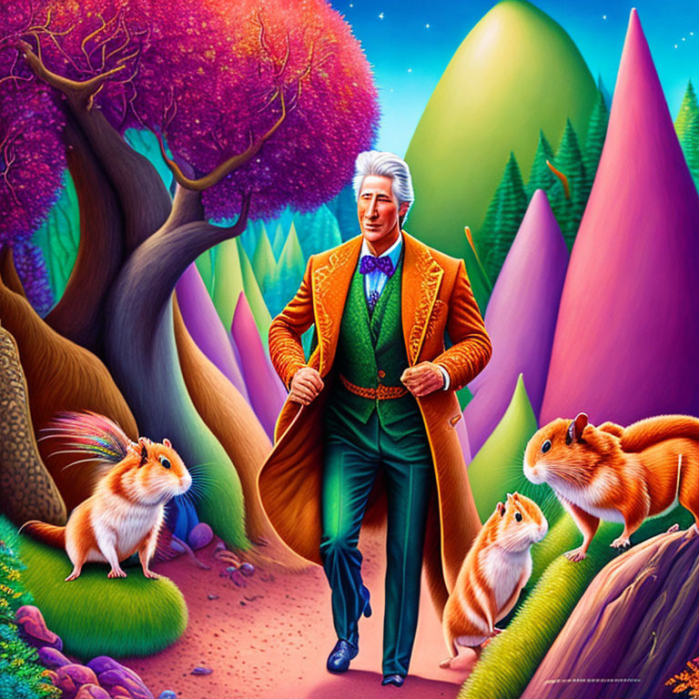 Illustration: Stylish man with silver hair in whimsical forest with oversized squirrels