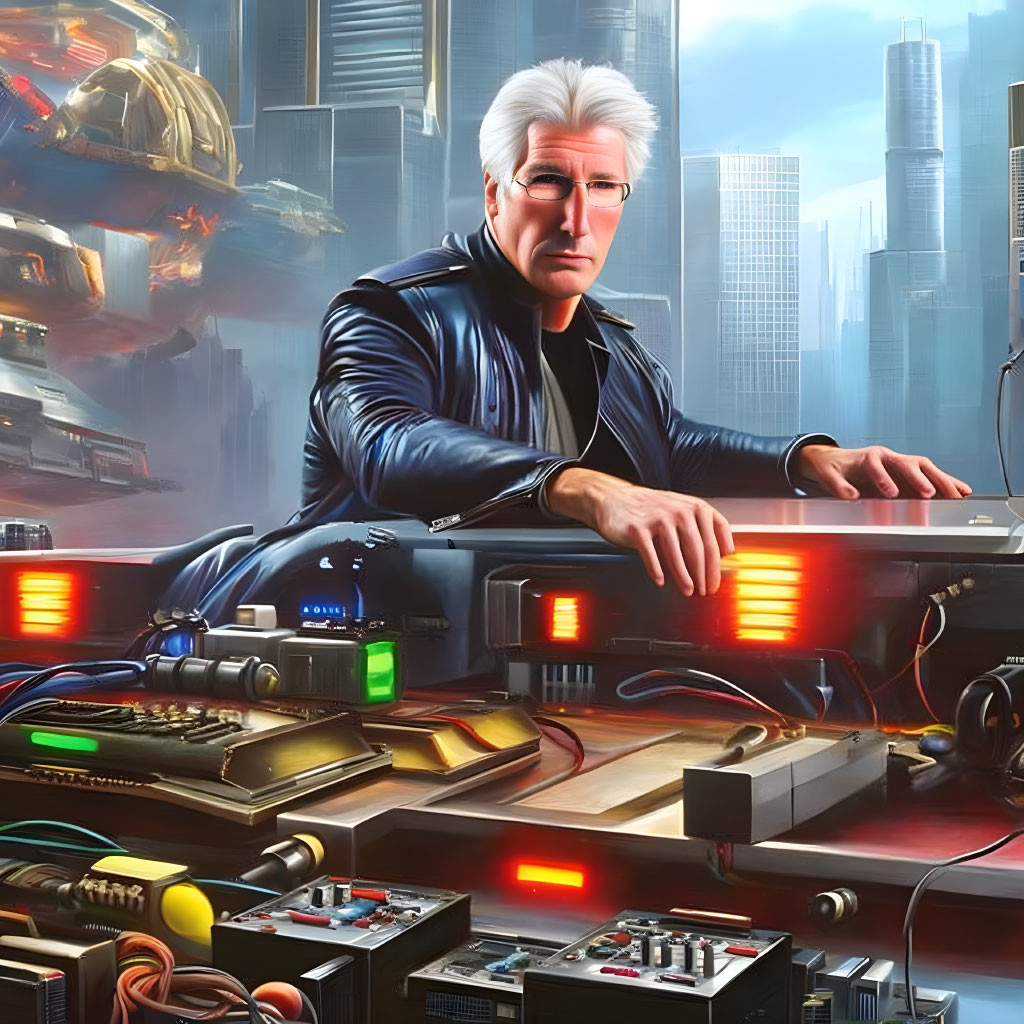 Silver-Haired Man DJing with Futuristic Equipment in City Skyline