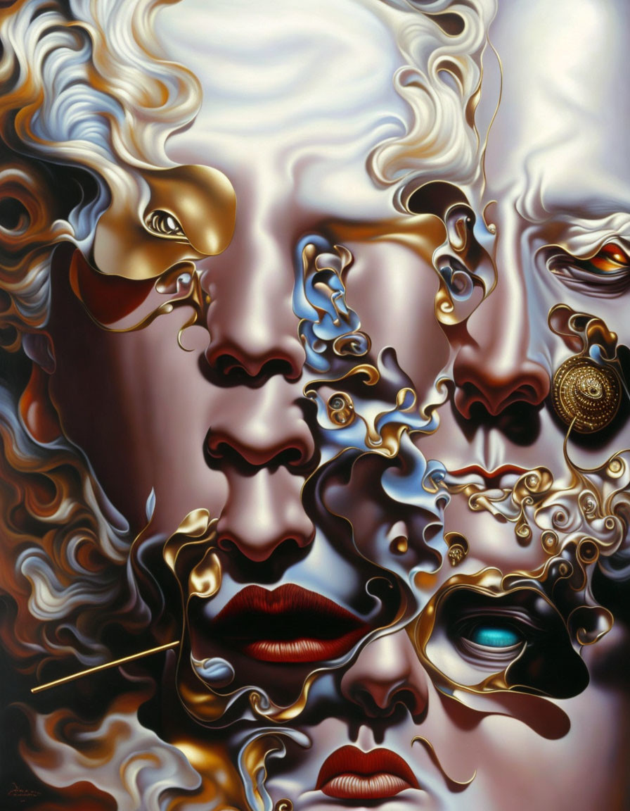 Abstract surreal portrait with metallic tones and distorted facial features