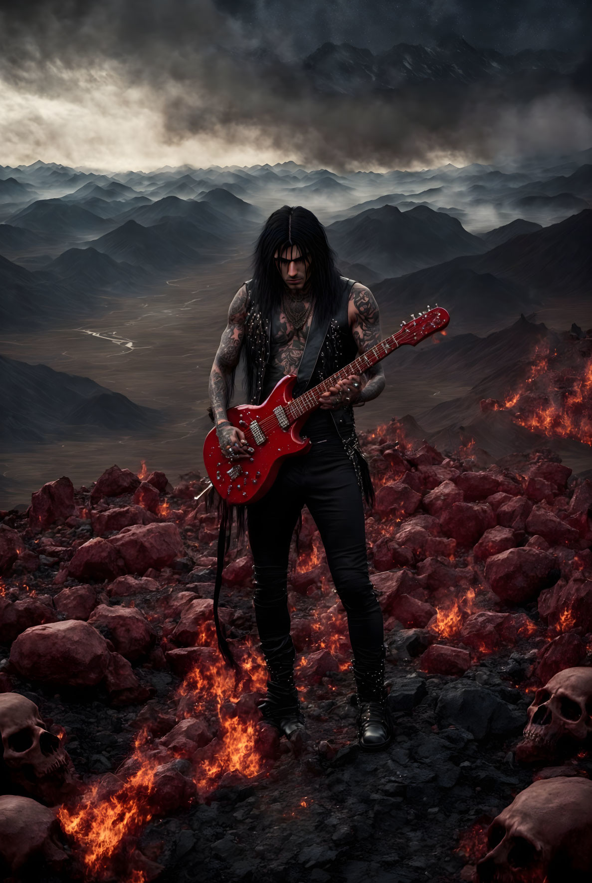 Dark-Haired Musician Plays Red Guitar in Volcanic Landscape