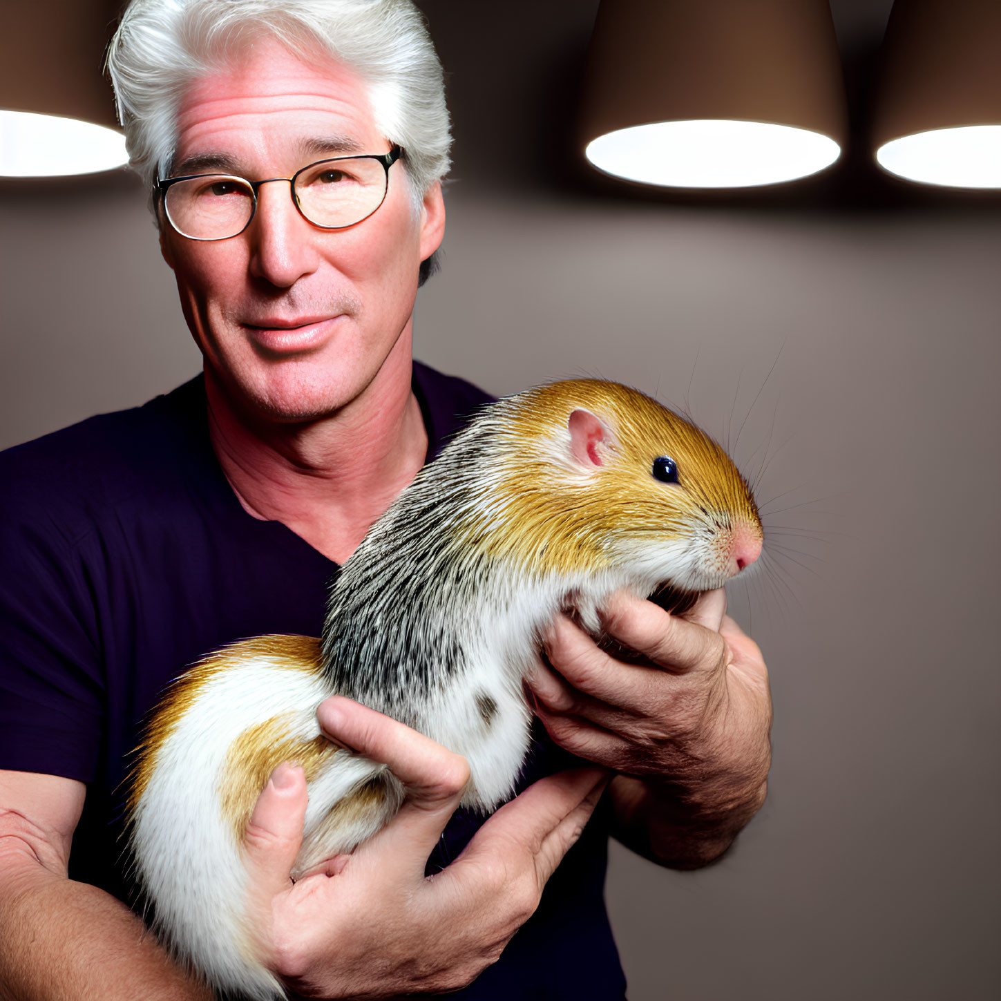 Silver-Haired Man with Glasses Holding Colorful Guinea Pig