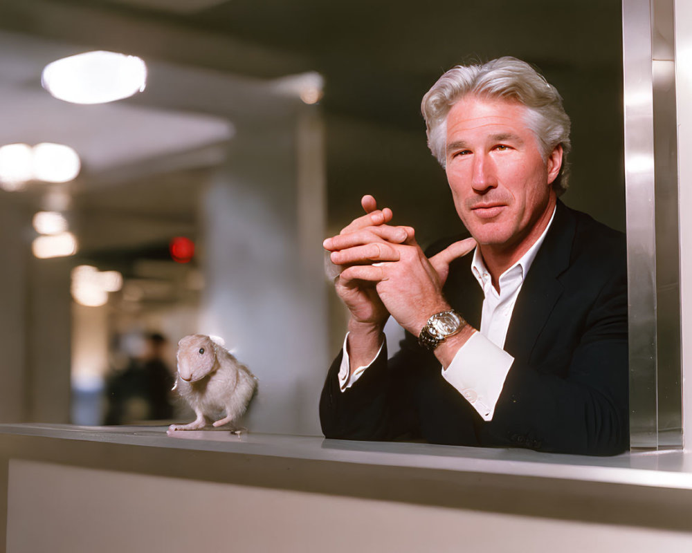 Silver-haired man in black suit poses with rodent on counter under bright lights