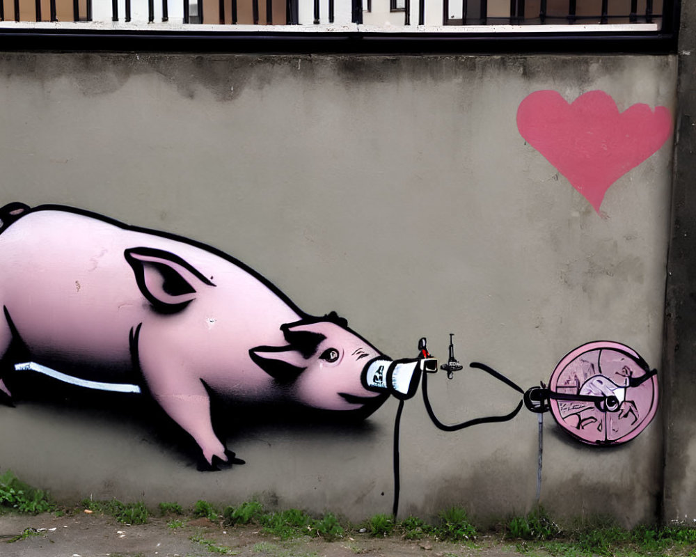 Pink pig graffiti with black marker on wall with heart symbol