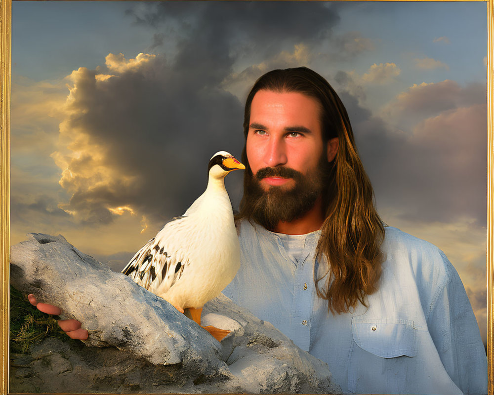 Bearded man with white duck in golden frame on cloudy sky background