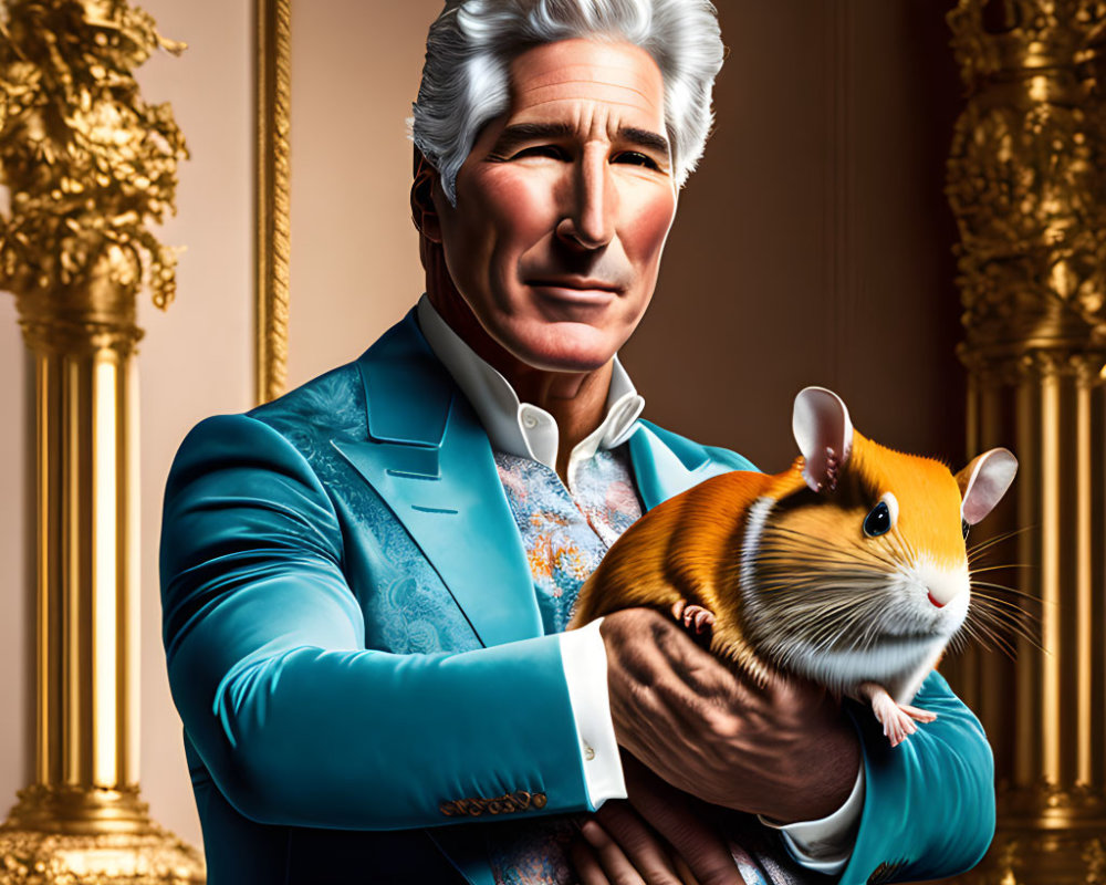 Silver-haired man in turquoise blazer with guinea pig in golden room