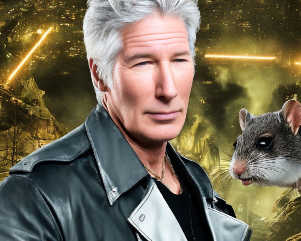 Man with Silver Hair in Black Leather Jacket Photomontage with Rat on Explosive Laser Background