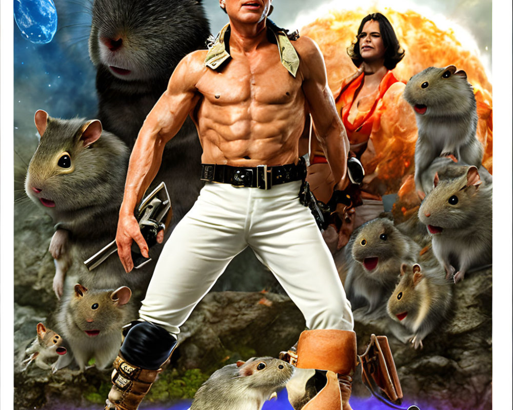 Fantasy-themed illustration with muscular man, woman in orange, and explosive celestial background