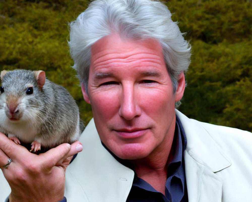 Elderly man with gray hair holding small rodent, green background