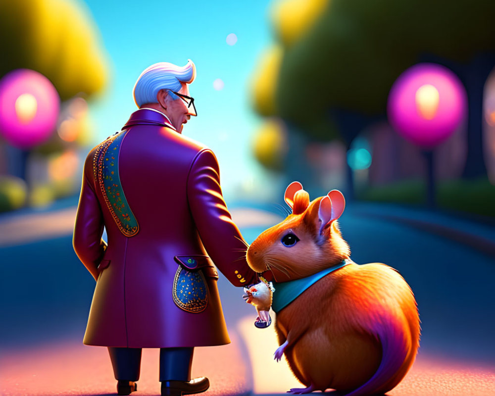 Elegantly Dressed Man with Giant Orange Hamster on Colorful Street