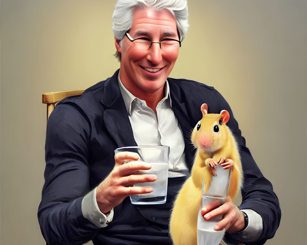 Silver-haired man in blazer with glass beside smiling hamster and milk bottle