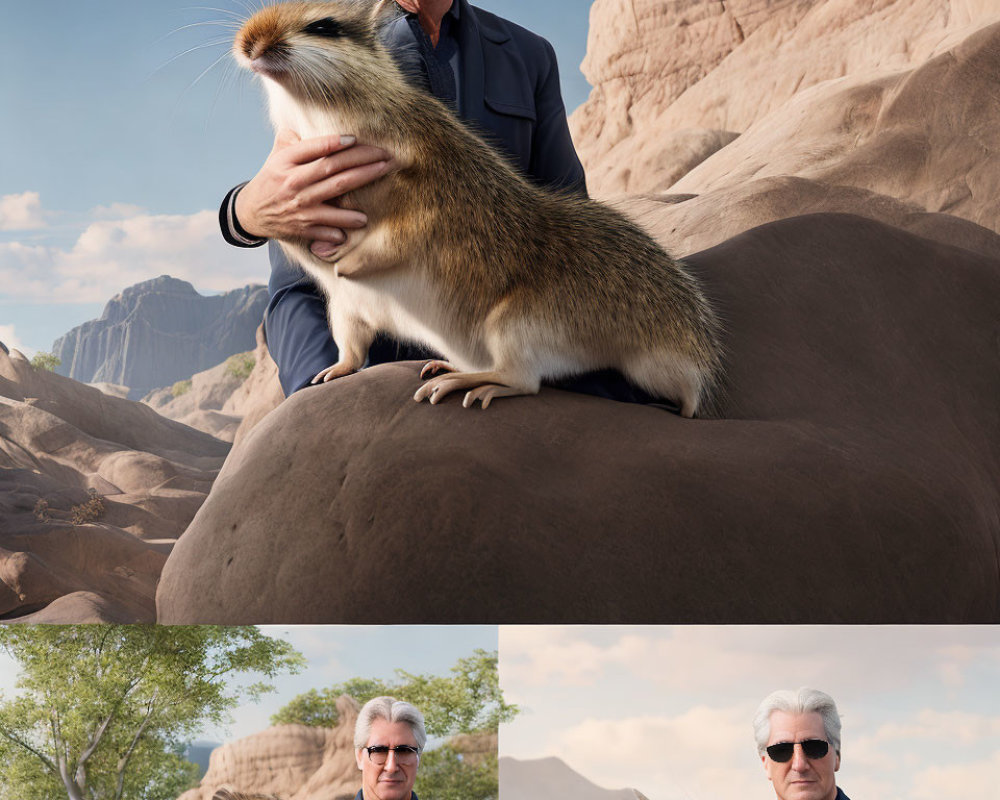 Two men with giant capybara in rocky desert scene