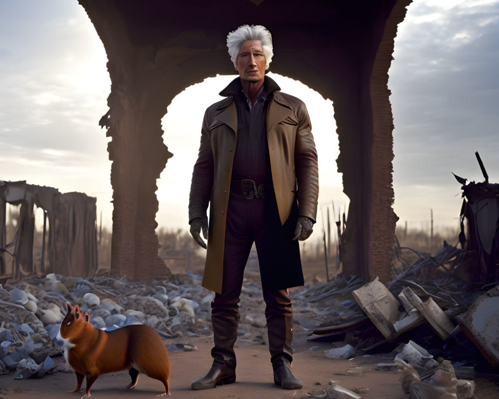 White-Haired Man Stands in Desolate Landscape with Orange Creature