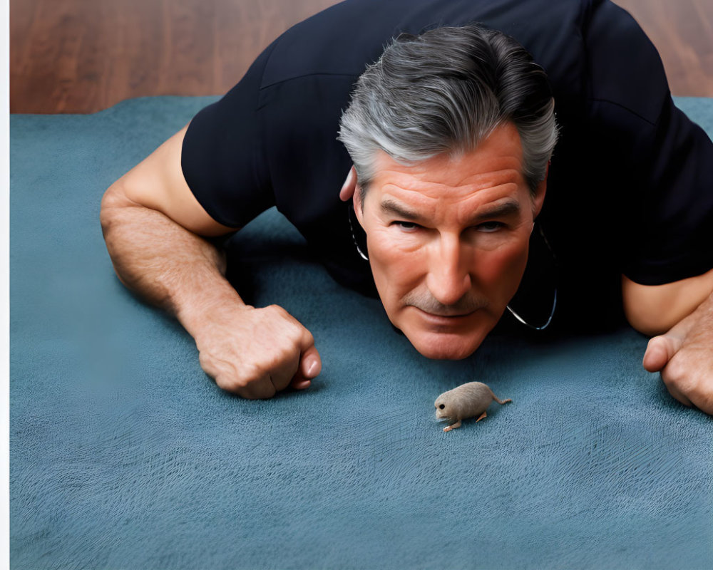 Gray-haired man on blue mat gazes at small mouse