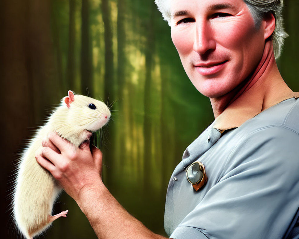 Silver-Haired Man Smiling with White Rat in Forest Setting