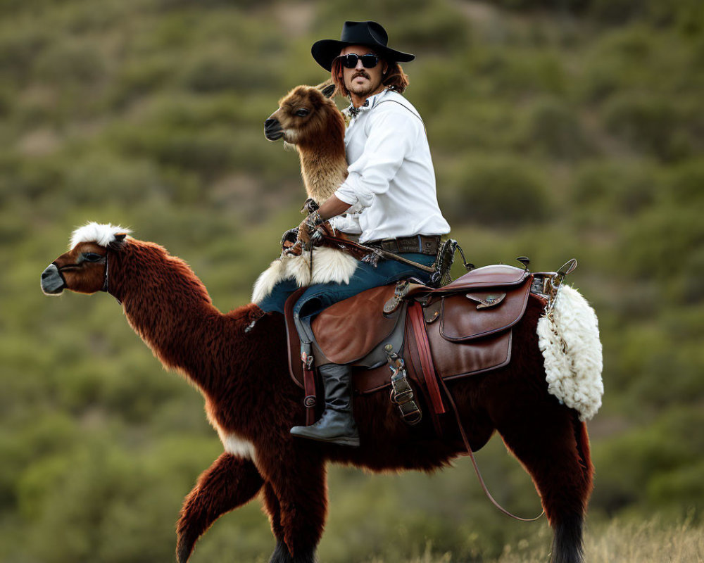 Long-haired person on brown alpaca with hat and dog in green landscape