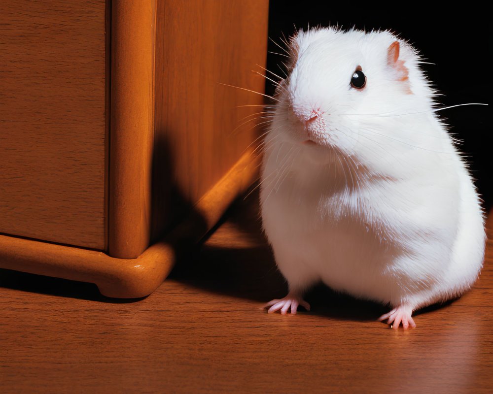 White pet hamster on wooden floor near cabinet under soft lighting