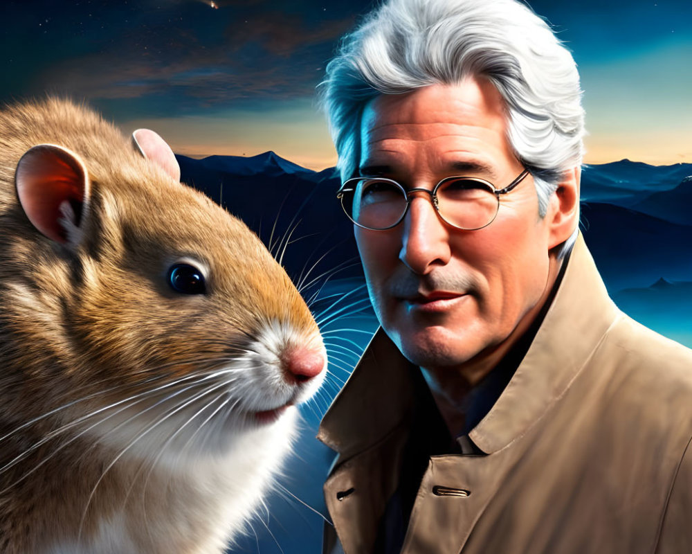 Man with Gray Hair and Glasses Beside Realistic Hamster in Night Sky Illustration