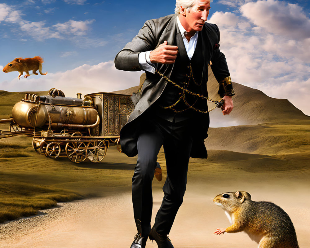 White-haired man in vintage suit by steam train with rodents in desert landscape