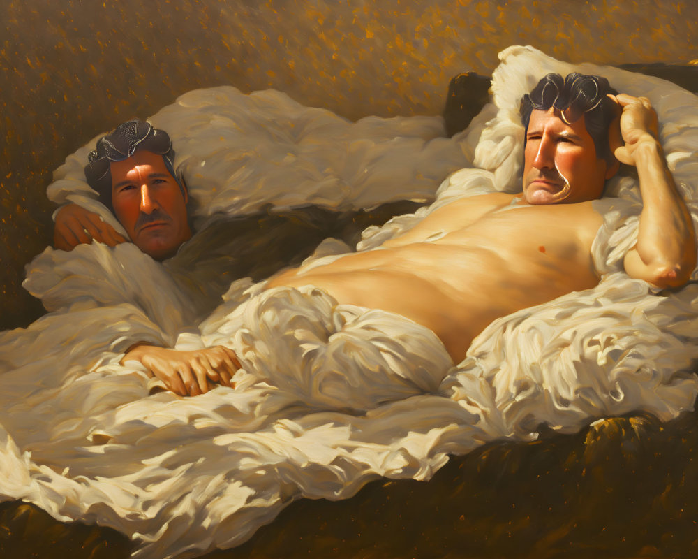 Two reclining figures on luxurious bed with fluffy bedding against golden backdrop.