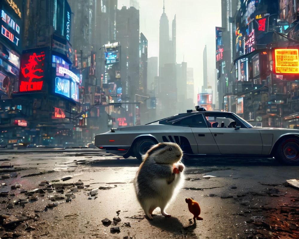 Hamster on Rain-Soaked Urban Street with Muscle Car and Neon Signs