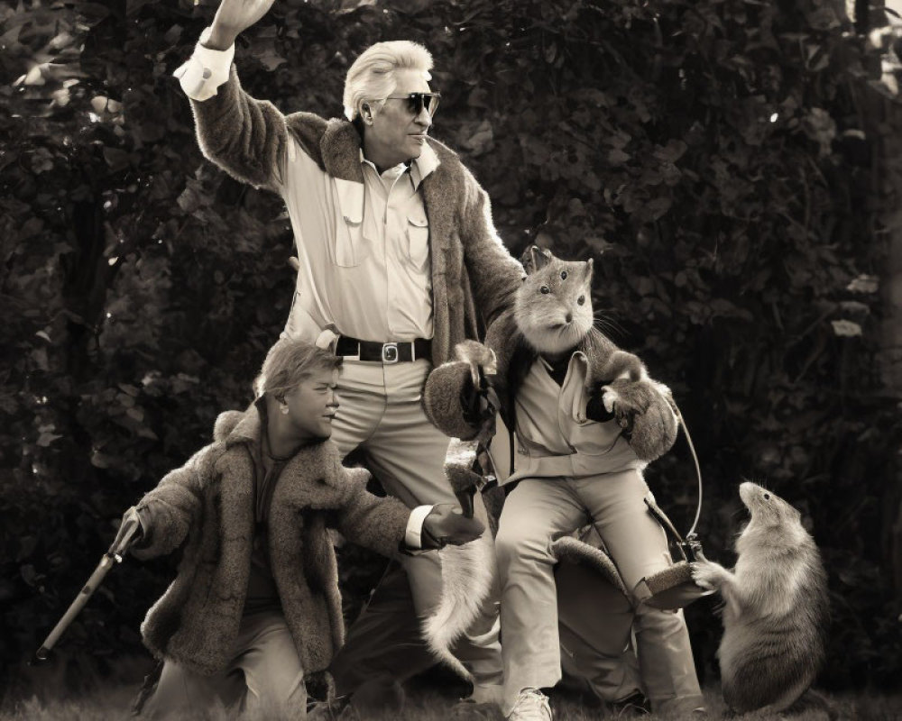 Sepia-Toned Photo: Three People in "Fantastic Mr. Fox" Costumes with Live Fox