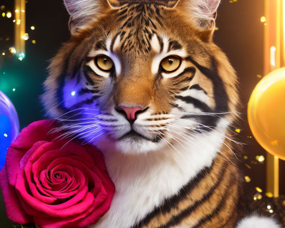 Surreal digital artwork: tiger-human fusion with vibrant colors and sparkling lights