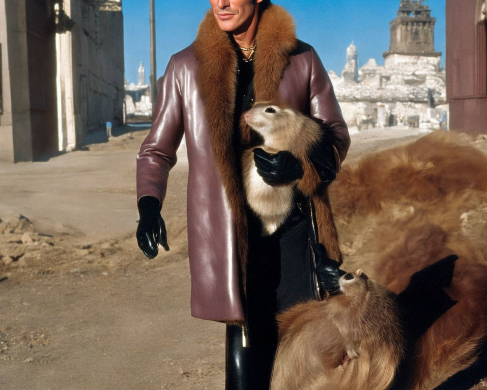 Man in Luxurious Fur Coat and Leather Gloves Stands Confidently